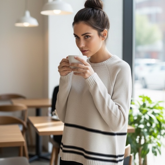 Magaschoni Sweaters - Magaschoni Cream Black Stripe Cotton Blend Sweater Size XS